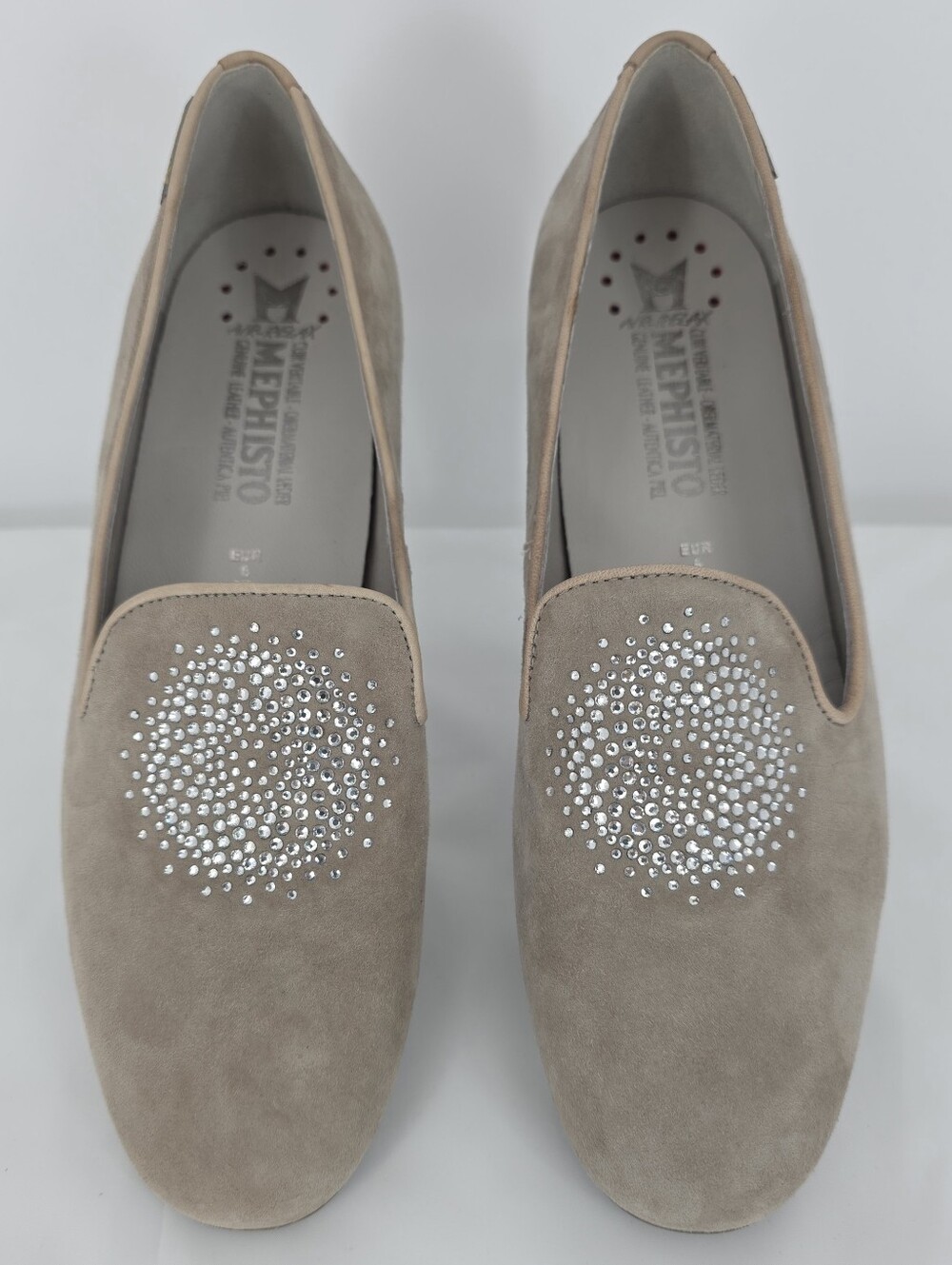 Mephisto Womens 8.5 Taupe Suede Rhinestone Crystal Loafers Comfort Flats